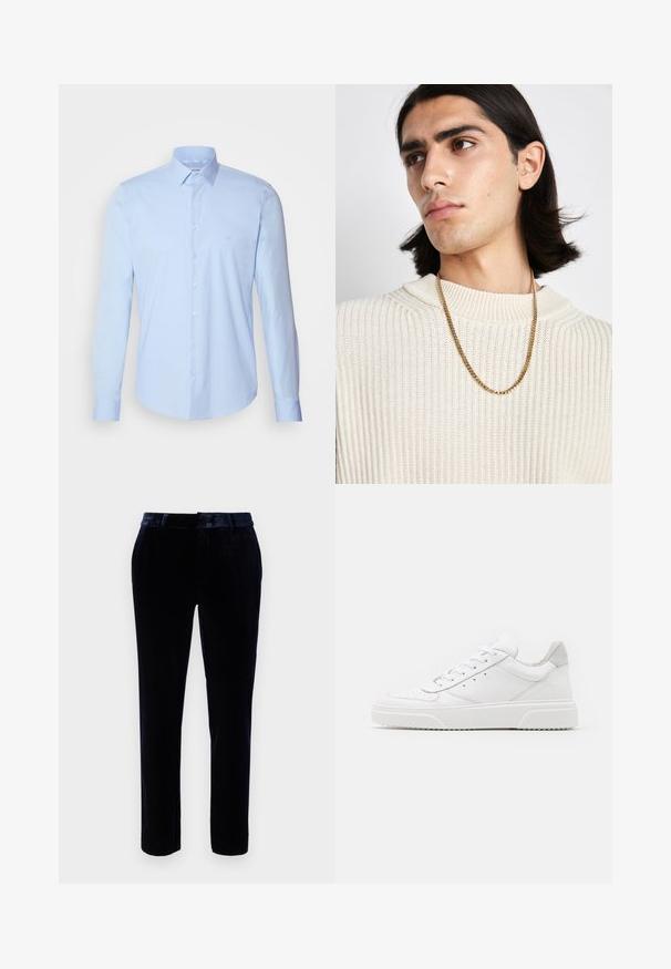 Hele sinine puuvillane särk, millel on klassikaline krae, pikad varrukad ja väike logo rinnal. Sile tekstuur.; Tumed sinise sametist pükste sirge esiosa, vöökohad ja kitsas lõige. Sile tekstuur ja õrn sära rõhutavad välimust.; Valged nahast spordijalatsid siledast nahast viimistlusega, ümarate varvastega, lamekestega ja tekstuuriga tallaga. Hall suede aktsent kanna juures.; Kuldne kettkaelakee, mis on kantud kreemjas ribakudumisest ülesse; pehme tekstuur kõrgema kaelusega ja õrn muster kangas.