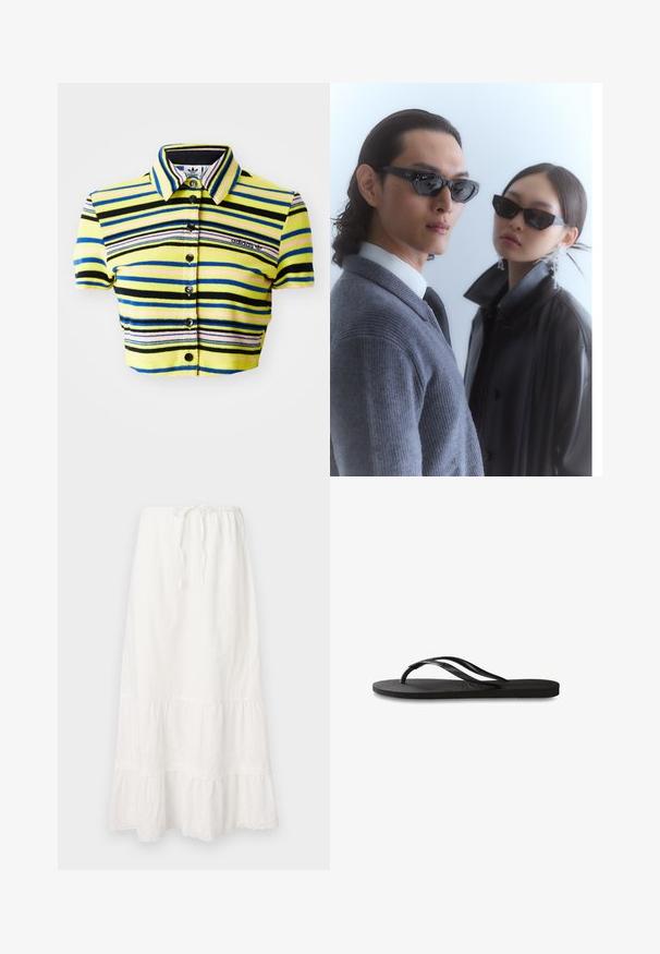 Iespiests polo krekls ar dzeltenām, melnām, zilām un rozā horizontālām svītrām. Piedāvā apkakli, īsās piedurknes un pogu aizdari. Iekļauta Adidas logo.; Garā balta kokvilnas svārki ar elastīgu jostu un regulējamu auklu. Iespējots ar slāņiem un smalku mežģīņu apdari ap apakšmalu.; Melni čības ar teksturētu gumijas zoli, divām plānām siksniņām un smalku, iespiedotu logotipa detaļu uz siksniņas.; Saulesbrilles ar stūrainām melnām rāmēm uz modeļa ar pelēku džemperi, demonstrējot strukturētu adījumu, un melnu ādas jaku, ko valkā cits modelis.; Melnas ādas rokassoma ar izliekta formu, ar sudraba kniedēm gar šuvēm. Modelis valkā svītrainu topu un melnas šortus.