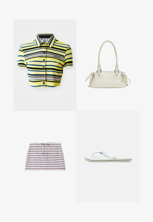 Kratka polo majica z rumenimi, črnimi, modrimi in roza vodoravnimi črtami. Ima ovratnik, kratke rokave in gumbasto zapiranje. Vključuje Adidasovo logo.; Vertikalno prugasta suknja s elastičnim pojasom, izrađena od mekog materijala. Boje uključuju belu, burgundsku i svetlo plavu prugu.; Bela japonka z teksturiranim podplatom, ozkimi trakami in večbarvno akcentno črto na podplatu. Vsebuje logo na traku.; Bežna usnjena torbica z gladko teksturo, dvema zaobljenima ročajema in nastavljivimi trakovi na obeh straneh. Ima srebrne dodatke.