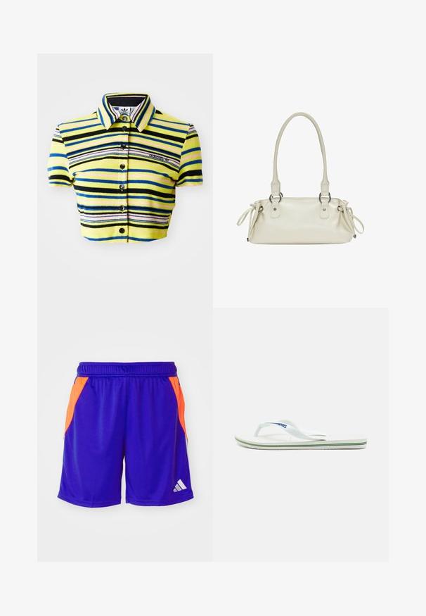 Rövidített polo póló sárga, fekete, kék és rózsaszín vízszintes csíkokkal. Elején gallérral, rövid ujjakkal és gombos záródással rendelkezik. Adidas logó található rajta.; Lila sportnadrág fényes narancssárga oldalsó panelekkel, elasztikus derékpánttal és fehér logóval. Az anyag könnyűnek és simának tűnik.; Fehér papucs texturált talpbetéttel, vékony pántokkal és sokszínű díszcsíkkal a talpon. A pánton logó található.; Beige bőr kézitáska sima felülettel, kettős, kerek fogantyúkkal és állítható kötőfékekkel mindkét oldalon. Ezüst színű fémalkatrészekkel rendelkezik.