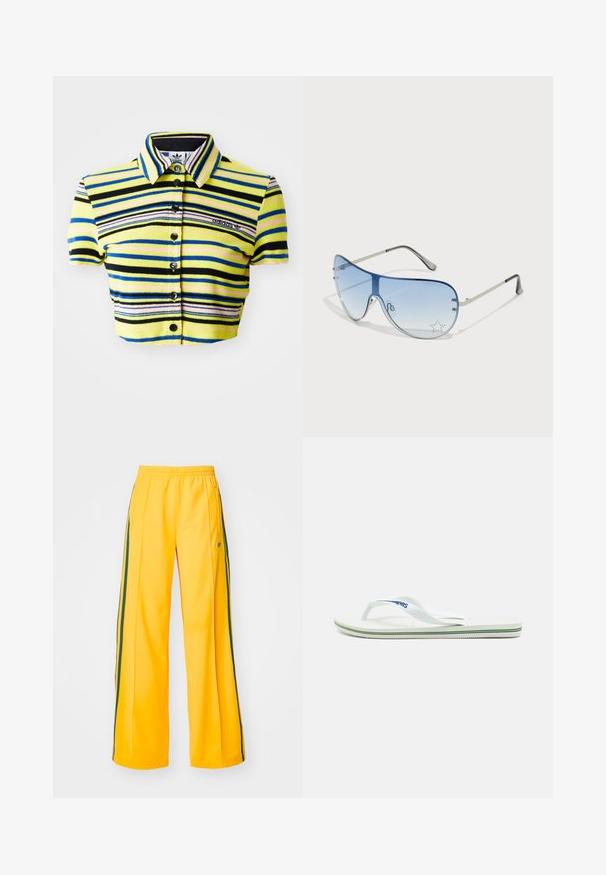 Apskritas polo marškinėliai su geltonais, juodais, mėlynais ir rožiniais horizontaliais dryžiais. Savybėms priklauso apykaklė, trumpi rankoviai ir sagų uždarymas. Įtrauktas Adidas logotipas.; Geltonos sportinės kelnės su plačiomis kojomis, su žaliais šoninės juostelėmis ir mažuoju logotipu kairiame klube. Elastingas juosmuo komfortui.; Baltos šlepetės su tekstūruotu padu, plonais dirželiais ir daugiaspalve akcento juosta ant pado. Ant dirželio yra logotipas.; Aviatoriai akiniai su gradientiniais mėlynais objektyvais, sidabriniu metaliniu rėmu ir dekoratyvinėmis žvaigždžių akcentais ant objektyvų. Lygaus ir stilingo dizaino.