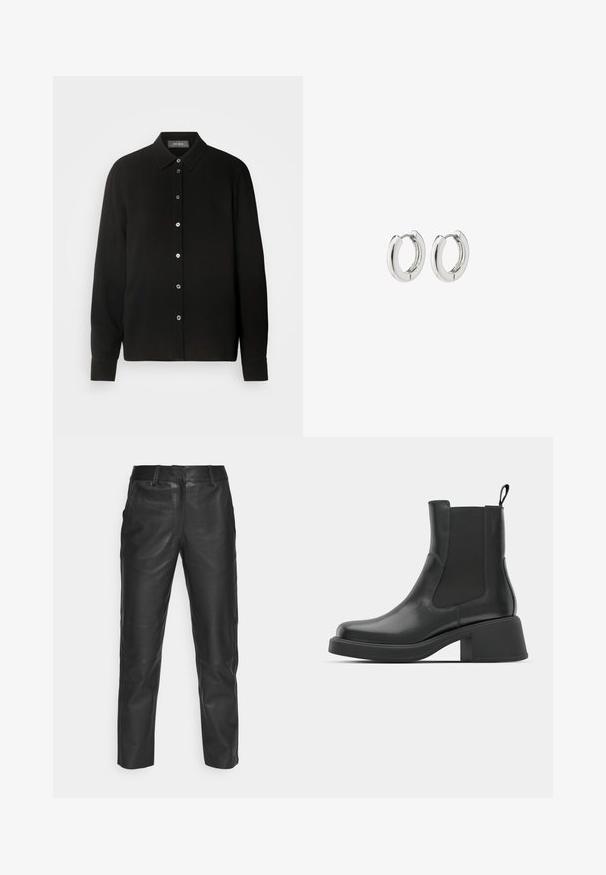 Črna dolgima rokavoma srajca z ovratnikom na gumb in sprednjim zapiranjem na gumbe. Ima teksturirano tkanino z navpičnimi črtami.; Črne usnjene hlače z ravnim krojem, gladko teksturo in zankami za pas. Brez vidnih vzorcev ali kovinskih podrobnosti.; Črne usnjene gležnjarje z elastičnimi stranskimi paneli, zaobljenim nosom in masivnim blokastim peto. Gladka tekstura z minimalističnim dizajnom.; Srebrni obročasti uhani s poliranim finišom, ki se ponašajo s krožno zasnovo in brezšivnimi tečaji ter gladko teksturo.