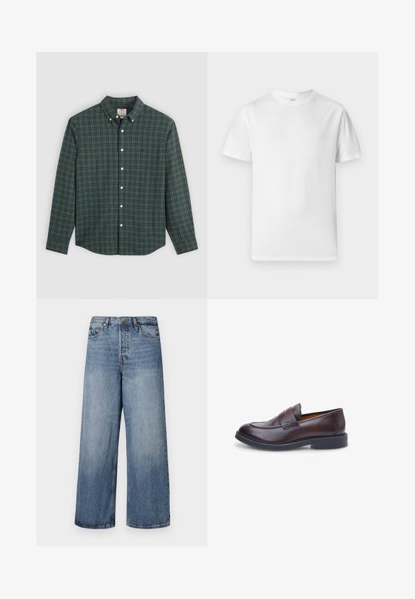 Pitkähihaista nappipaitaa, jossa on vihreä, sininen ja keltainen ruudullinen kuvio, valkoiset napit ja napitettava kaulus.; Valkoinen lyhythihainen t-paita, joka on valmistettu pehmeästä puuvillasta. Siinä on pyöreä pääntie ja suora helma, jossa on minimaalista yksityiskohtaa.; Värikkäät siniset farkut, joissa on leveät lahkeet ja haalistunut pesu, viiden taskun muotoilu sekä nappikiinnitys. Varustettu vyölenkeillä ja ommellulla yksityiskohdalla.; Ruskeahäntäiset nahkaloaferit, joissa on sileä pinta, pyöreä kärki ja kaksinkertaiset nauha-yksityiskohdat; varustettu mustalla kumipohjalla ja ommelluilla yksityiskohdilla.