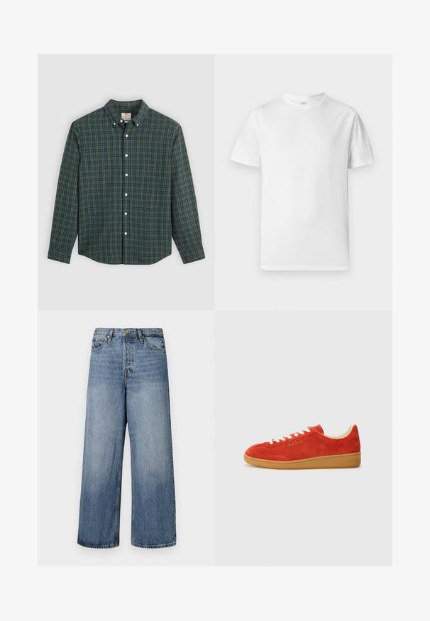 Koszula z długim rękawem, zapinana na guziki, w zielono-niebiesko-żółtą kratkę, z białymi guzikami i kołnierzykiem zapinanym na guziki.; Biała koszulka z krótkim rękawem, wykonana z miękkiej bawełny. Posiada okrągły dekolt i prosty dół z minimalnymi detalami.; Szerokie niebieskie dżinsy z przetarciami, pięcioma kieszeniami i zapięciem na guzik. Wyposażone w szlufki na pasek i przeszycia dekoracyjne.; Czerwone zamszowe sneakersy z białymi sznurówkami, jasnobrązową gumową podeszwą i złotą marką po boku. Okrągły czubek i niskoprofilowy design.