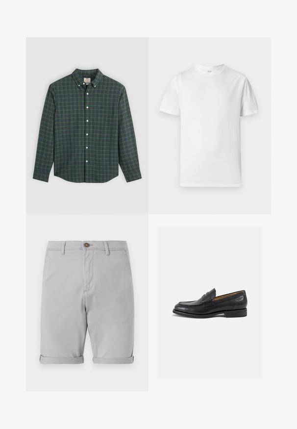 Skjorta med lång ärm och knappar, i grön, blå och gul rutmönster, vita knappar och krage med knappar.; Vit kortärmad t-shirt tillverkad av mjuk bomull. Har en rund halsringning och en rak fåll med minimal detaljering.; Ljust grå bomullsshorts med uppvikta fållar, en enda knappstängning fram och sidofickor, med en slät textur och skräddarsydd design.; Svarta läder loafers med en slät ytfinish, rund tå och dekorativ sömnad på vampen. Låg staplad klack och lätt glans.