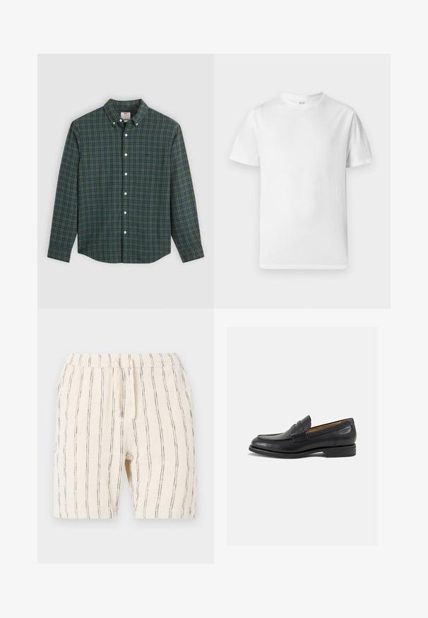 Camisa de manga larga abotonada con un patrón de cuadros en verde, azul y amarillo, botones blancos y un cuello abotonado.; Camiseta blanca de manga corta, hecha de algodón suave. Presenta un cuello redondo y un dobladillo recto con un detalle mínimo.; Shorts beige con rayas verticales negras, que cuentan con una cintura elástica con cordón, fabricados con una tela texturizada.; Mocasines de cuero negro con un acabado suave, punta redondeada y costuras decorativas en la parte superior. Tacón bajo apilado y un ligero brillo.