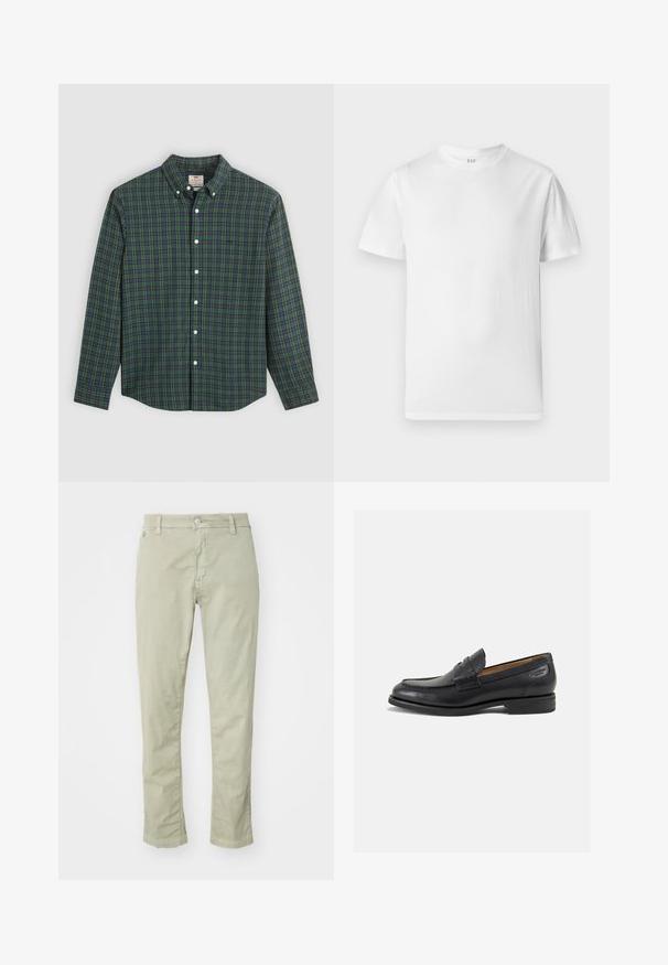 Kostkovaná košile s dlouhým rukávem v zelené, modré a žluté barvě, s bílými knoflíky a zapínacím límcem.; Bílý krátký rukáv tričko vyrobené z měkké bavlny. Má kulatý výstřih a rovný lem s minimem detailů.; Světle zelené bavlněné kalhoty slim fit, s knoflíkovým zapínáním, pěti kapsami a jemnými švy.; Černé kožené mokasíny s hladkým povrchem, zaoblenou špičkou a dekorativním prošíváním na svršku. Nízký podpatka a mírný lesk.