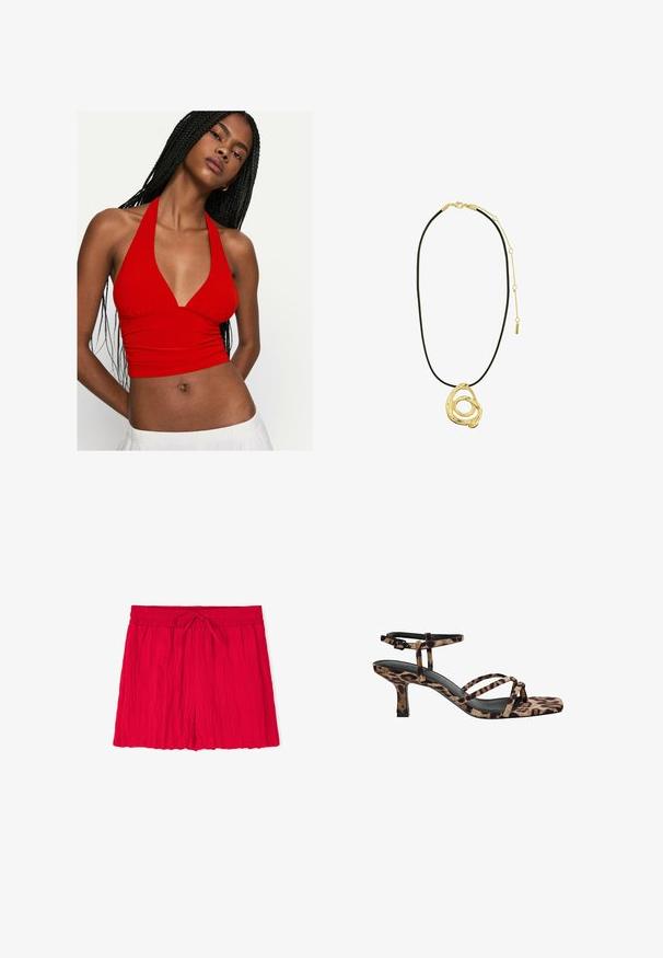 Red halter-neck crop top with a V neckline and gathered detail at the bust. Made from smooth fabric, fitted design accentuates the waist.; Red, crinkled fabric shorts with an elastic waistband and a drawstring closure. Features a relaxed fit and hemmed edges.; Leopard print heeled sandals with a square toe, multiple straps, and a mid-height heel. Crafted from soft textile material.; Pilgrim UNFOLD - Necklace - gold