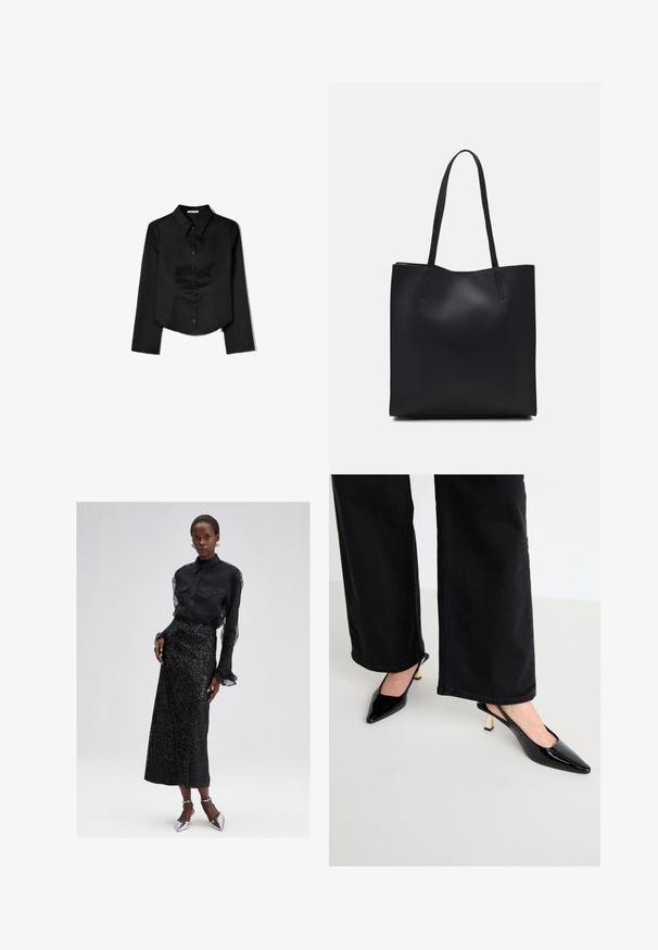 Svart långärmad skjorta i slätt tyg, med spetsig krage, framknappning och cropped nederkant med sidofrack.; Svart knappad blus med genomskinliga ärmar, kombinerad med en paljettbeströdd svart midiklänning och silverfärgade högklackade skor. Elegant och texturerad design.; Simmi London JUNE - Pumps - black; Svart lädertoffelväska med slät textur, rektangulär form och två långa handtag. Ingen synlig hårdvara eller dekorationer.