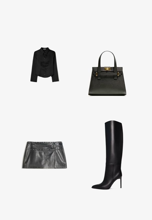 Musta pitkähihaisten paita, joka on valmistettu sileästä kankaasta. Siinä on kärkitasku, edessä napitus ja lyhennetty helma, jossa on sivuhaalareita.; Musta keinonahasta valmistettu mini-hame, jossa on niittikoristeita vyötäröllä, sivuvetoketju ja vyö yksityiskohtana. Läpikuultava pinta.; Polvipituiset mustat nahkastiletto-saappaat, joissa on terävä kärki. Silkkinen pinta, jämäkkä muotoilu ja kapea korkea korko. Ei näkyvää metalliosaa tai kuvioita.; Musta tekstuuriline ostukott lühikeste käepidemetega, millel on kuldne lukustus ja aktsendid. Kujundus on struktureeritud koos geomeetrilise siluetiga.