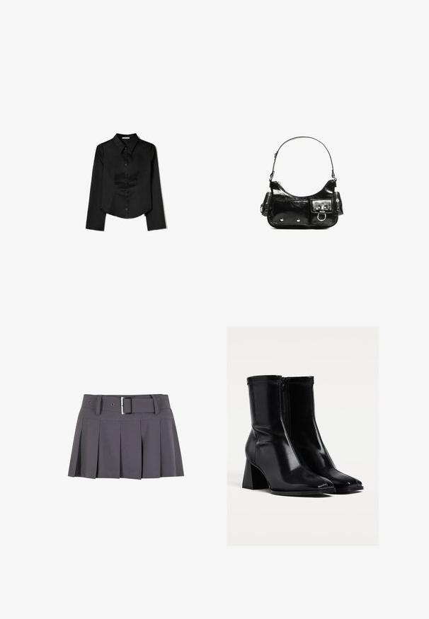 Čierna košeľa s dlhým rukávom vyrobená z hladkej látky, s špicatým golierom, predným zapínaním na gombíky a skráteným lemom so bočnými rozparkami.; Sivá plisovaná mini sukňa s hladkou textúrou, s širokým pásom, pútkami na opasok a obdĺžnikovým detailom so striebornou prackou.; Čierne členkové topánky vyrobené z lesklej kože, s stredným blokovým podpätkom, zapínaním na zips a špicatým dizajnom. Hladký povrch s minimálnym prešitím.; Čierna laková kožená kabelka s ohnutým tvarom, jedným ramenným popruhom, prednými vreckami a striebornými kovovými doplnkami.