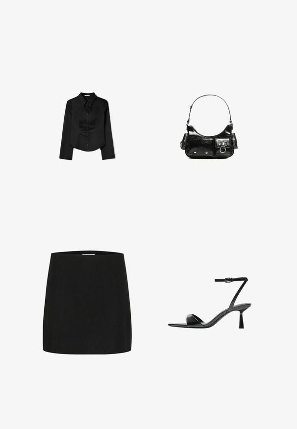 Svart långärmad skjorta i slätt tyg, med spetsig krage, framknappning och cropped nederkant med sidofrack.; Svart minikjol gjord av texturerat tyg, med en enkel, rak skärning utan synliga prydnader eller mönster.; Bershka Sandaletter - black; Svart lackläderhandväska med en rundad form, en axelrem, framfickor och detaljer i silverfärg.