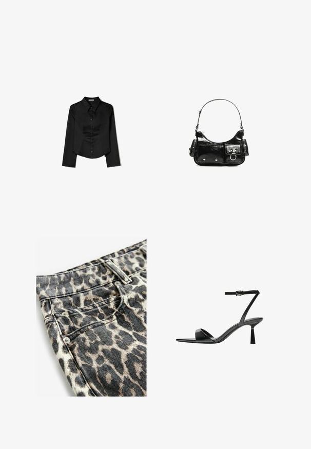 Črna srajca dolgimi rokavi, izdelana iz gladkega materiala, z ostrim ovratnikom, sprednjim gumbom in krajšo obrobo z stranskimi razpoki.; Hlače z živalskim potiskom v bež in črni barvi, izdelane iz denima z teksturirano površino, okrašene s srebrnimi dodatki in šivi.; Bershka Sandali z visoko peto - black; Črna lakasta usnjena torbica s ukrivljeno obliko, enim ramenskim trakom, sprednjimi žepi in srebrnimi kovinskimi dodatki.