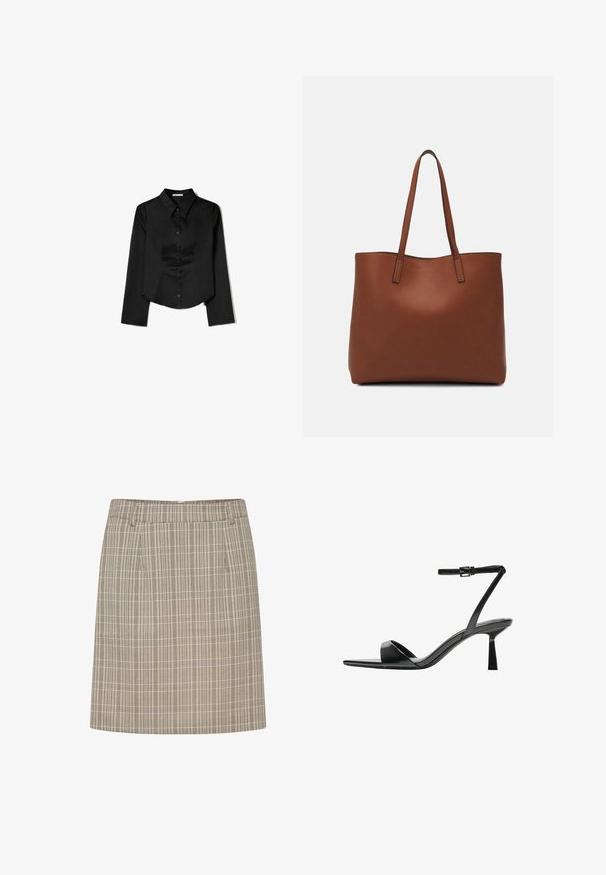 Sort langærmet skjorte lavet af glat stof, med en spidse krave, frontlukning med knapper og en cropped kant med sidelæg.; Rutet nederdel med en tætsiddende talje, der har lodrette og vandrette linjer i beige og brun, lavet af et let stof.; Bershka Højhælede sandaletter / Højhælede sandaler - black; Brun læder tote taske med en glat overflade, åben topdesign og to skulderremme. Har minimal syning og ingen synlig hardware.