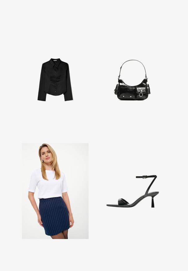 Zwarte langetermijnshirt gemaakt van soepele stof, met een puntige kraag, sluiting met knopen aan de voorkant en een cropped zoom met zijsplitten.; Marineblauwe gestreepte rok met een getailleerd ontwerp en tailleband, gecombineerd met een wit topje met korte mouwen. Glad stofoppervlak, minimalistische stijl.; Bershka Sandalen met hoge hak - black; Zwarte laarzen in lakleer met een gebogen vorm, één schouderband, voorvakken en accenten in zilverkleurig metaal.