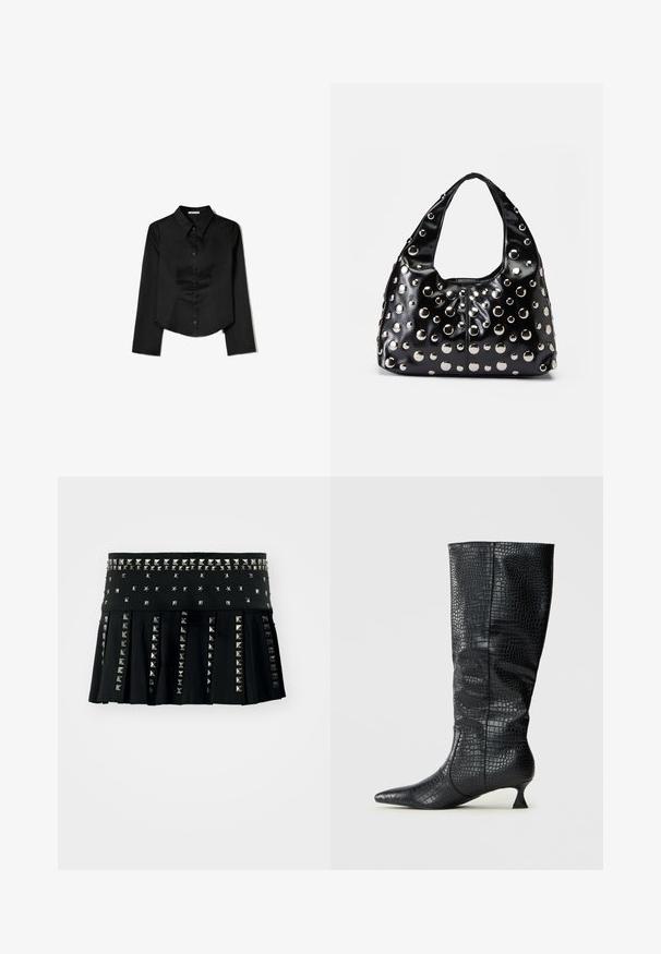 Černá košile s dlouhým rukávem vyrobená z hladké látky, zahrnující špičatý límec, přední zapínání na knoflíky a zkrácený lem se bočními rozparky.; Jaded London MICRO STUDDED SKIRT - Minisukně - black; Černé kožené boty po kolena z umělé kůže s lesklou krokodýlí texturou, špičatou špičkou a štíhlým, ostrým podpatkem. Klasický design a elegantní silueta.; Černá lakovaná kabelka s kulatým tvarem, ozdobená stříbrnými kovovými hroty různých velikostí a širokým popruhem pro snadné nošení.