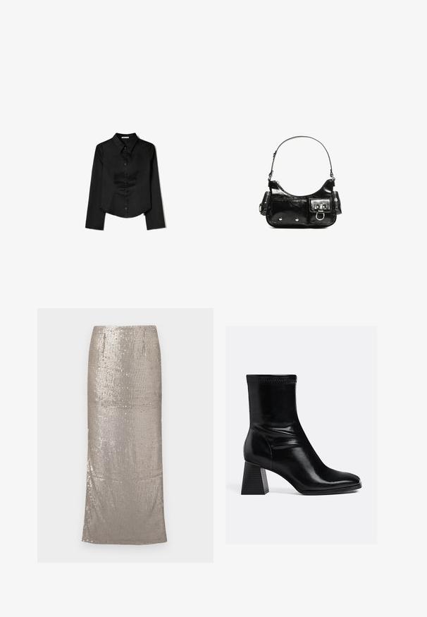 Camicia nera a maniche lunghe realizzata in tessuto liscio, con colletto a punta, chiusura frontale con bottoni e orlo accorciato con slit laterali.; Gonna midi lucida e argentata ricoperta di paillettes, con una silhouette dritta e un orlo che arriva sotto il ginocchio. Texture liscia.; Stivali ankle in pelle nera con finitura liscia, punta quadrata e tacco a blocco texturizzato. Presenta un design elastico alla caviglia e cuciture visibili.; Borsa a spalla in vernice nera con forma curvata, una tracolla, tasche frontali e dettagli in metallo argentato.