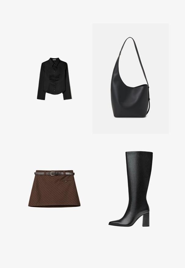 Černá košile s dlouhým rukávem vyrobená z hladké látky, zahrnující špičatý límec, přední zapínání na knoflíky a zkrácený lem se bočními rozparky.; Hnědá sukně s jemným proužkovaným vzorem, se hnědým koženým opaskem, jednou přední kapsou a strukturovaným áčkovým střihem.; Černé kozačky nad kolena vyrobené z umělé kůže s špičatou špičkou, hladkým povrchem a robustním blokovým podpatkem. Minimalistický design bez viditelných dekorací.; Černá kožená hobo taška s hladkým povrchem, zakřiveným tvarem a jedním nastavitelným popruhem; má široké otevírání nahoře.
