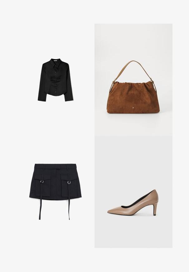 Schwarzes Langarmshirt aus glattem Stoff, mit spitzem Kragen, vorderem Knopfverschluss und einem gekürzten Saum mit seitlichen Schlitzen.; Schwarzer Minirock mit zwei vorderen Taschen, silbernem Beschlag und einem Bindegürtel an der Taille. Aus strapazierfähigem, glattem Stoff gefertigt.; Beige Leder High Heels mit einer spitzen Zehenform und einem 7 cm hohen Stiletto-Absatz. Sanfte Textur und eine dezent geschwungene Silhouette für eine schlanke Optik.; Braune Wildlederhandtasche mit einem gerafften Design, ausgestattet mit einem einzelnen hellbraunen Ledertragegurt und einem subtilen goldenen Logo-Detail auf der Vorderseite.