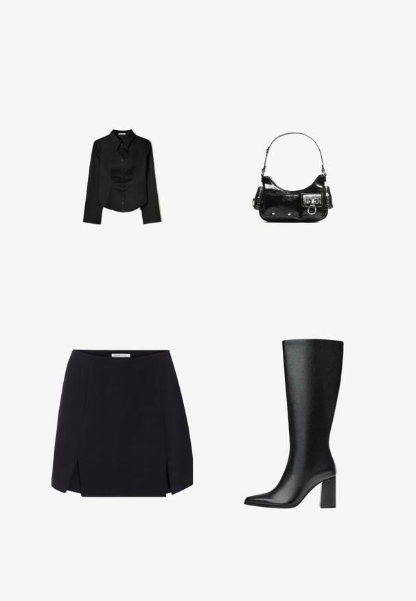 Schwarzes Langarmshirt aus glattem Stoff, mit spitzem Kragen, vorderem Knopfverschluss und einem gekürzten Saum mit seitlichen Schlitzen.; Schwarzer A-Linien-Rock mit glatter Textur, ausgestattet mit Seitenschlitzen und einem klaren, minimalistischen Design. Etikett sichtbar am Bund.; Schwarze kniehohe Stiefel aus Kunstleder mit spitzer Zehe, glatter Oberfläche und blockartigem Absatz. Minimalistisches Design ohne sichtbare Akzente.; Schwarze Lackleder-Handtasche mit geschwungenem Design, einem Schulterriemen, Vordertaschen und silberfarbenen Hardware-Akzenten.