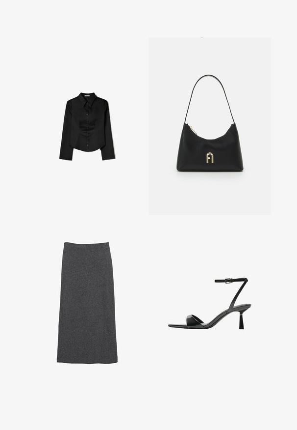 Černá košile s dlouhým rukávem vyrobená z hladké látky, zahrnující špičatý límec, přední zapínání na knoflíky a zkrácený lem se bočními rozparky.; Šedá vlněná maxi sukně se straight střihem a elastickým pasem, která se vyznačuje jemnou texturou a hladkým povrchem. Žádné viditelné vzory ani akcenty.; Bershka Sandály na vysokém podpatku - black; Černá kabelka vyrobená z hladkého materiálu, s křivkovým tvarem, jediným popruhem a zlatým logem na přední straně.