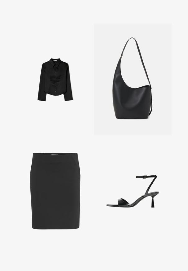 Musta pitkähihaisten paita, joka on valmistettu sileästä kankaasta. Siinä on kärkitasku, edessä napitus ja lyhennetty helma, jossa on sivuhaalareita.; Musta kynähame, joka on valmistettu sileästä kankaalta, jossa on muotoiltu siluetti, vyötäröosa ja polvenpituinen leikkaus. Ei näkyviä kuvioita tai koristeita.; Bershka Korolliset sandaalit - black; Musta nahkainen hobo-laukku, jossa on sileä pinta, kaareva muoto ja yksi säädettävä olkahihna; sisäänkäynti on leveä ylhäältä.