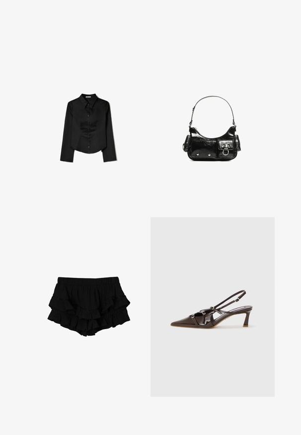 Svart långärmad skjorta i slätt tyg, med spetsig krage, framknappning och cropped nederkant med sidofrack.; Svarta volangshorts med resårmidja, som har tre lager av volanger och en subtil strukturerad tyg, vilket skapar en lager-på-lager-silhuett.; Brun lackläder slingback-klack med spetsig tå, justerbara remmar och dekorativa spännen fram. Klackhöjd på 7,5 cm.; Svart lackläderhandväska med en rundad form, en axelrem, framfickor och detaljer i silverfärg.