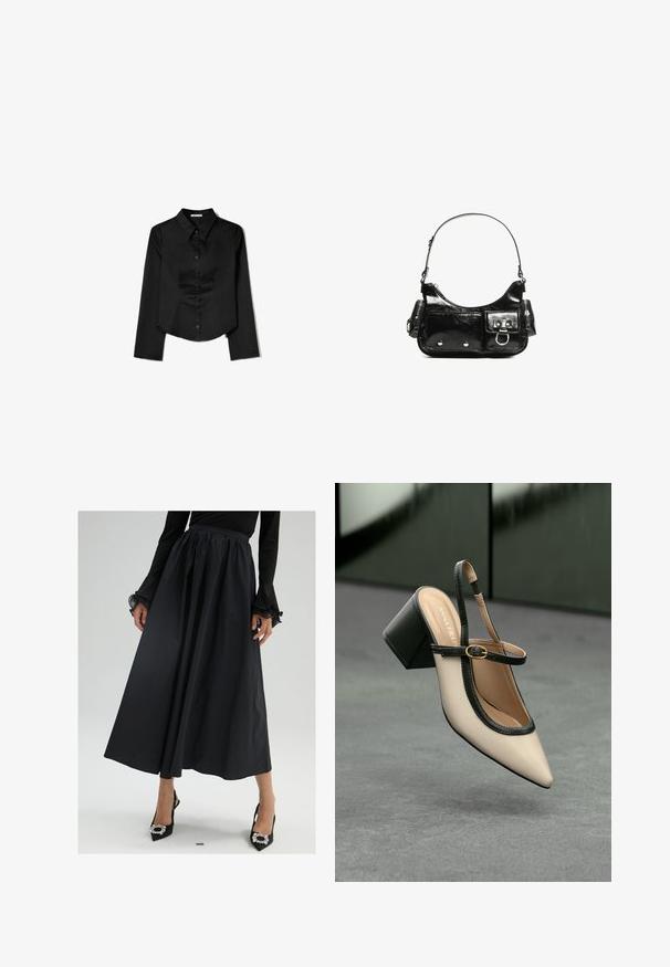 Crna košulja dugih rukava od glatkog materijala, s izrezom u obliku oštrice, prednjim zatvaranjem na gumbe i skraćenim rubom s bočnim prorezima.; Crna maksi suknja od lagane tkanine, s nabranu strukom, lepršavim siluetom i plisé teksturom. Uparena s crnim cipelama na visoku petu.; Bež cipele s otvorenom petom i šiljastim vrhom, crnim obrubom, zlatnom kopčom i debelim blok-petom na sivom podu s tamnozelenom pozadinom.; Crna patentna kožna torba s zakrivljenim oblikom, jednim remenom za rame, prednjim džepovima i akcentima od srebrnog tona.