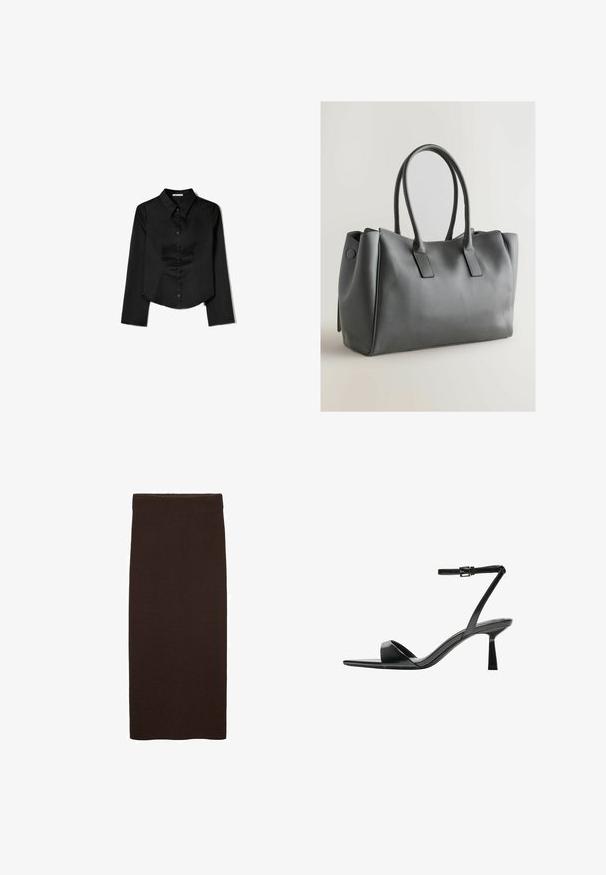 Schwarzes Langarmshirt aus glattem Stoff, mit spitzem Kragen, vorderem Knopfverschluss und einem gekürzten Saum mit seitlichen Schlitzen.; Brauer Strick-Midi-Rock mit enganliegendem Schnitt, glatter Textur, ohne sichtbare Muster und einem schlichten, klaren Design ohne Verzierungen.; Bershka High Heel Sandalette - black; Graue Lederhandtasche mit doppelten Griffen, rechteckiger Form, glatter Textur und minimalistischem Design. Verfügt über flache Seitenpaneele und subtile Nähte.
