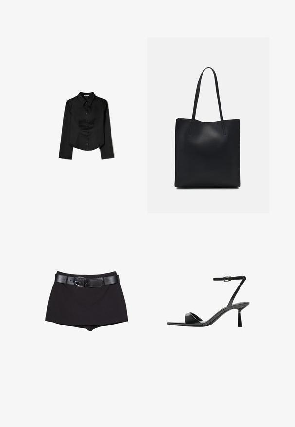 Sort langærmet skjorte lavet af glat stof, med en spidse krave, frontlukning med knapper og en cropped kant med sidelæg.; Sorte shorts med en glat overflade, der har et bredt sort bælte og en sølv spænde, skåret i et tætsiddende design med en let høj talje.; Bershka Højhælede sandaletter / Højhælede sandaler - black; Sort læder tote taske med glat tekstur, rektangulær form og to lange hanke. Ingen synlig hardware eller udsmykninger.