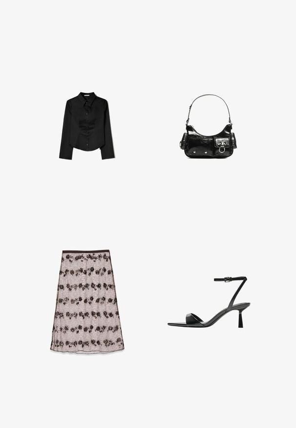 Black long-sleeve shirt made from smooth fabric, featuring a pointed collar, front button closure, and a cropped hem with side slits.; Lace midi skirt in light pink with floral patterns in dark brown and bronze, featuring sequins and a smooth waistband.; Bershka High heeled sandals - black; Black patent leather handbag with a curved shape, one shoulder strap, front pockets, and silver-tone hardware accents.
