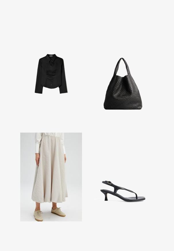 Črna srajca dolgimi rokavi, izdelana iz gladkega materiala, z ostrim ovratnikom, sprednjim gumbom in krajšo obrobo z stranskimi razpoki.; Svetlo bež krilo do kolen, izdelano iz teksturirane tkanine, z elastičnim pasom, v kombinaciji s svetlobno rjavimi supergami za sproščen videz.; Črne usnjene sandale z ozkim dizajnom, tankimi trakovi in majhno peto. Imajo poudarek na sponki in gladko teksturirano podplato.; Črna tkana torba za na ramena z dvema ročkama. Mehka tekstura, sproščen dizajn in velika, okrogla oblika. Ni vidne opreme ali dodatkov.