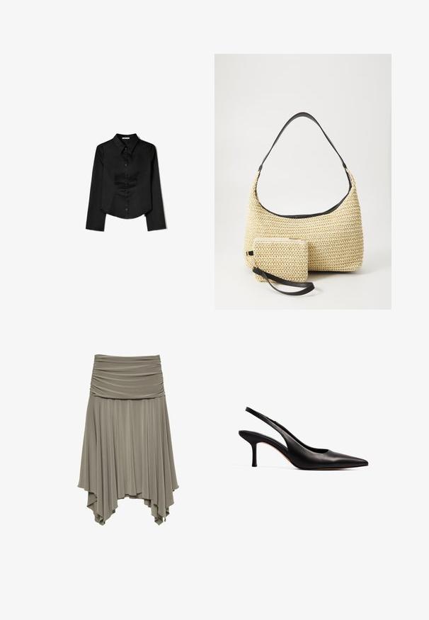 Sort langærmet skjorte lavet af glat stof, med en spidse krave, frontlukning med knapper og en cropped kant med sidelæg.; Rynket, asymmetrisk nederdel i blødt gråt stof. Har en samlet talje og en let, drapering nederste kant med en unik silhuet.; NA-KD Pumps - black; Vævet stråhåndtaske med en buet silhuet, der har en glat sort læderrem og en matching lille pung, der er fastgjort med en håndledsrem.