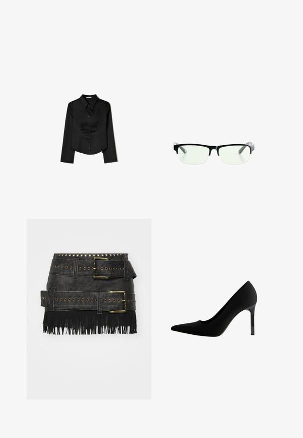 Crna košulja dugih rukava od glatkog materijala, s izrezom u obliku oštrice, prednjim zatvaranjem na gumbe i skraćenim rubom s bočnim prorezima.; Crna suknja od umjetne kože s velikim metalnimkopčama, detaljima s rupama i resicama na rubu. Strukturalni dizajn s višestrukim remenjem.; Crne visoke potpetice s šiljastim vrhom, glatkim mat materijalom, vitkim stiletto potpeticama i suptilnim izrezom na luku.; Crna pravokutna naočala s prozirnim lećama, sa sofisticiranim crnim okvirom i sivim prozirnim drškama. Minimalistički dizajn, bez vidljivog brendiranja.
