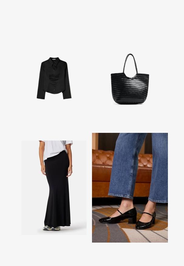 Zwarte langetermijnshirt gemaakt van soepele stof, met een puntige kraag, sluiting met knopen aan de voorkant en een cropped zoom met zijsplitten.; Zwarte stretchy maxirok, strakker bij de taille, uitlopend aan de onderkant. Gecombineerd met een losse witte top en grijze sportschoenen.; Zwarte gepatineerde leren pumps met een spitse neus, blokhak en enkelbandje, gedragen met wijduitlopende denim jeans, op een gedessineerd tapijt.; Zwarte geweven tote bag met een ronde bovenkant, zijnaad en twee gevlochten handvatten. Beschikt over een textuurpatroon en een ruime binnenkant.