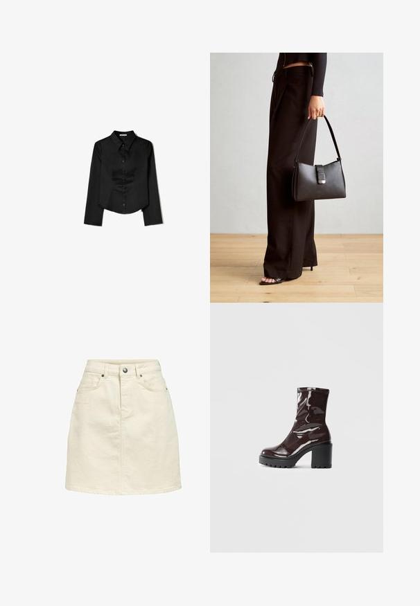 Svart långärmad skjorta i slätt tyg, med spetsig krage, framknappning och cropped nederkant med sidofrack.; Denimkjol i en ljusbeige färg, med rak skärning, femfickorsdesign, knappstängning och en subtilt texturerad yta.; Glansig bordeauxfärgad ankelsko med en kraftig svart klack, som har en slät yta och enkel design. Inga synliga stängningar eller mönster.; Svart handväska med strukturerad form, slät yta och metallspänne. Matchad med vida svarta byxor och sandaler med öppen tå på trägolv.
