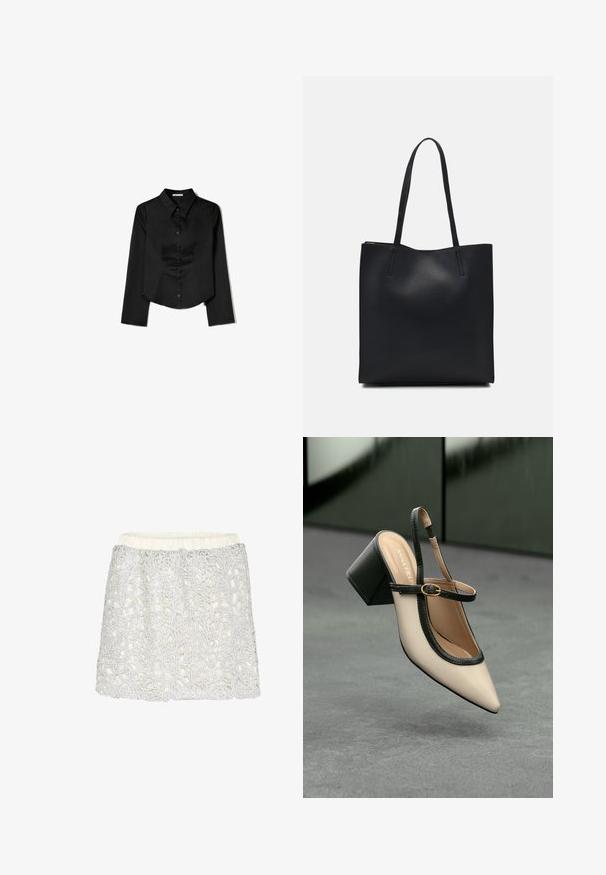 Cămașă neagră cu mâneci lungi, confecționată dintr-un material neted, având guler ascuțit, închidere frontală cu nasturi și un tiv scurt cu slituri laterale.; Fustă albă cu un overlay din dantelă florală argintie texturată, având un brâu elastic și o formă evazată, care evidențiază detaliile complexe ale designului.; Pantof bej cu toc înalt, cu bareta în spate, vârf ascuțit, margini negre și detaliu cu cataramă. Material neted cu finisaj mat, toc bloc de înălțime medie.; Geantă tote neagră din piele, cu textură netedă, formă rectangulară și două mânere lungi. Fără hardware vizibil sau ornamente.