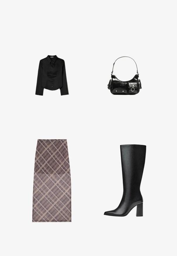 Zwarte langetermijnshirt gemaakt van soepele stof, met een puntige kraag, sluiting met knopen aan de voorkant en een cropped zoom met zijsplitten.; Een rok tot de knie van doorzichtig, lichtgewicht materiaal met een ruitpatroon in bruin- en crèmekleuren, met een gladde textuur en schone randen.; Zwarte laars tot de knie van faux leer met een spitse neus, een gladde textuur en een chunky blokhak. Minimalistisch ontwerp zonder zichtbare accenten.; Zwarte laarzen in lakleer met een gebogen vorm, één schouderband, voorvakken en accenten in zilverkleurig metaal.