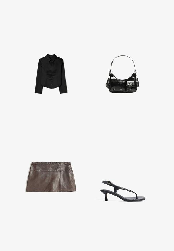 Czarna longsleeve z gładkiego materiału, z wyraźnym kołnierzykiem, z przodem zapinanym na guziki oraz skróconym dołem z bocznymi rozcięciami.; Brązowa skórzana mini spódnica z przeszywaną talią i pętelką na pasek z klamrą, gładką fakturą oraz prostym, eleganckim krojem.; Czarne skórzane sandały o smukłym designie, cienkich paskach i małym obcasie. Posiadają akcent w postaci sprzączki oraz gładką, teksturowaną wkładkę.; Czarna torebka z lakierowanej skóry o zaokrąglonym kształcie, z jednym paskiem na ramię, przednimi kieszeniami i akcentami w kolorze srebrnym.
