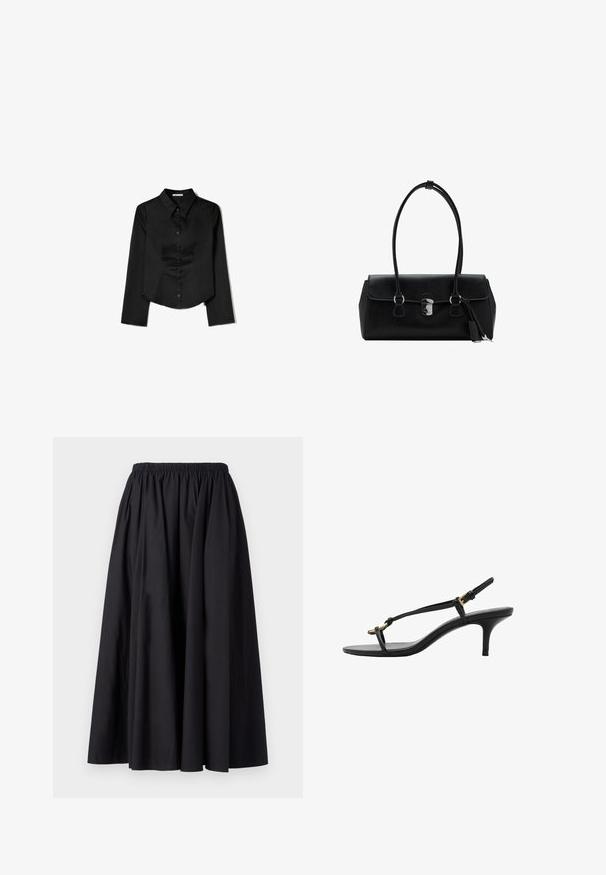 Chemise noire à manches longues en tissu lisse, avec un col pointu, une fermeture à boutons à l'avant et un ourlet court avec des fentes latérales.; Jupe longue noire à taille élastique, fabriquée en tissu lisse avec une silhouette ample et fluide. Aucun motif ni élément matériel visible.; Sandale à talon aiguille noire en cuir avec des fines bandoulières, boucle dorée et une boucle pour les orteils minimaliste sur fond blanc.; Sac à main en cuir noir avec une texture lisse, au design structuré, doté de deux poignées et d'un détail en métal argenté au centre.