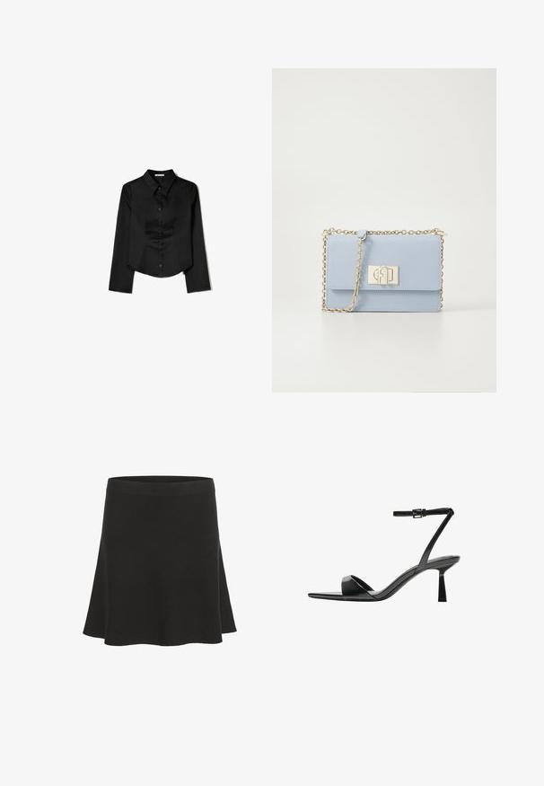 Zwarte langetermijnshirt gemaakt van soepele stof, met een puntige kraag, sluiting met knopen aan de voorkant en een cropped zoom met zijsplitten.; Zwarte flared mini-rok gemaakt van zacht materiaal met een gladde textuur en een brede tailleband. Heeft een eenvoudig ontwerp zonder patronen of accenten.; Bershka Sandalen met hoge hak - black; Lichtblauwe leren handtas met een gouden kettingschouderband, rechthoekige vorm, en een voorste sluiting met een logo. Gladde textuur en minimalistisch ontwerp.