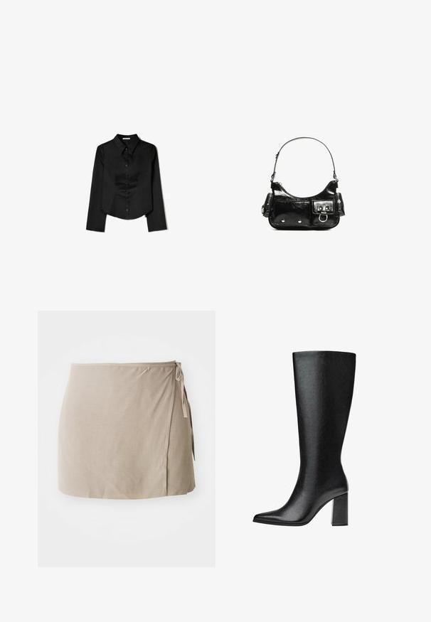 Sort langærmet skjorte lavet af glat stof, med en spidse krave, frontlukning med knapper og en cropped kant med sidelæg.; Beige omslagskørt med en sidelukning, lavet af letvægtsstof. Har en glat overflade og en lige silhuet med en subtil drapering.; Sorte knæhøje støvler lavet af imiteret læder med spids tå, glat tekstur og en chunky blokhæl. Minimalistisk design uden synlige detaljer.; Sort patenteret læder håndtaske med en buet form, en skulderrem, frontlommer og hardware accenter i sølvfarve.