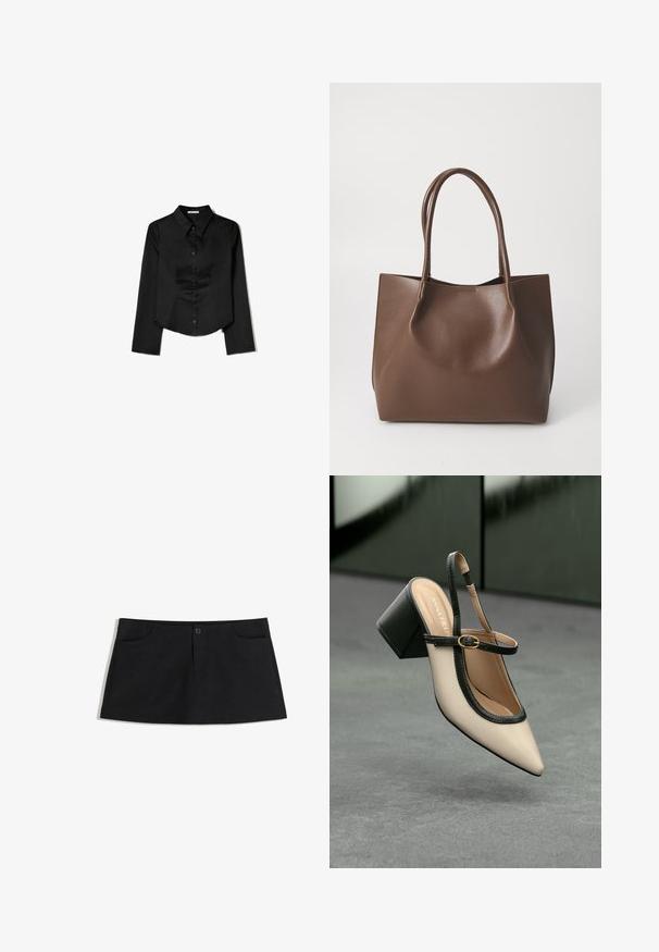 Zwarte langetermijnshirt gemaakt van soepele stof, met een puntige kraag, sluiting met knopen aan de voorkant en een cropped zoom met zijsplitten.; Zwarte, knielange rok van zacht materiaal. Beschikt over twee voorzakken en een enkele knoopsluiting op de taille.; Beige puntige slingback schoen met zwarte rand, gouden gesp en een chunky blokhak op een grijze vloer met een donker groene achtergrond.; Bruine leren tote bag met twee lange handvatten, gestructureerde vorm, gladde textuur en minimalistisch design. Geen zichtbare hardware of accenten.