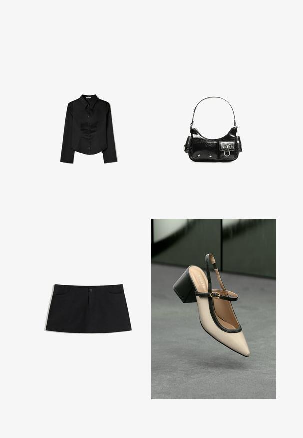 Czarna longsleeve z gładkiego materiału, z wyraźnym kołnierzykiem, z przodem zapinanym na guziki oraz skróconym dołem z bocznymi rozcięciami.; Czarna, spódnica do kolan wykonana z miękkiego materiału. Posiada dwie przednie kieszenie i pojedyncze zapięcie na guzik w talii.; Beżowe buty typu slingback z ostrym noskiem, czarnym wykończeniem, złotą klamrą i grubym obcasem na szarym podłożu z ciemnozielonym tłem.; Czarna torebka z lakierowanej skóry o zaokrąglonym kształcie, z jednym paskiem na ramię, przednimi kieszeniami i akcentami w kolorze srebrnym.