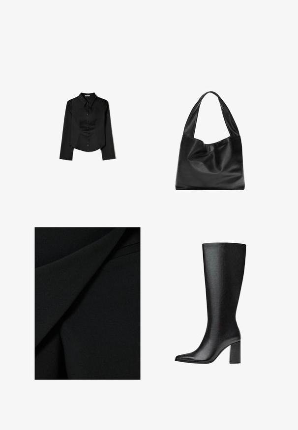 Svart långärmad skjorta i slätt tyg, med spetsig krage, framknappning och cropped nederkant med sidofrack.; Svart tyg med en slät, matt textur och lager av veck samt en strukturerad design, vilket ger ett stilrent utseende.; Svart knähög stövel i faux läder med spetsig tå, slät yta och kraftig blockklack. Minimalistisk design utan synliga detaljer.; Svart läder tote-väska med en mjuk, sluttande design, breda handtag och slät yta. Ingen synlig hårdvara eller utsmyckningar.