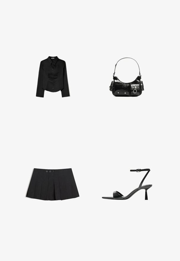 Černá košile s dlouhým rukávem vyrobená z hladké látky, zahrnující špičatý límec, přední zapínání na knoflíky a zkrácený lem se bočními rozparky.; Černá skládací sukně vyrobená z látky, s dvěma předními knoflíky, zapínáním na zip a rovnou spodní částí.; Bershka Sandály na vysokém podpatku - black; Černá lakovaná kožená kabelka s křivkovým tvarem, jedním ramenním popruhem, předními kapsami a stříbrnými kovovými detaily.