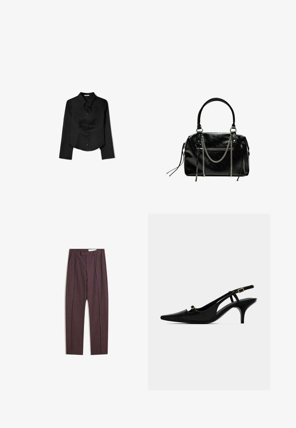 Black long-sleeve shirt made from smooth fabric, featuring a pointed collar, front button closure, and a cropped hem with side slits.; Purple striped trousers with pleats, featuring a high waist and straight-leg design. Made from a smooth, textured fabric.; Black pointed-toe slingback pump with low curved heel and small gold buckle on front strap and ankle strap.; Bershka WITH CHAIN - Handbag - black