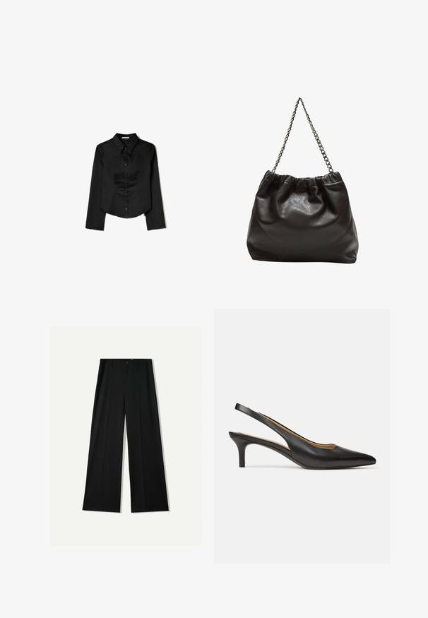 Crna košulja dugih rukava od glatkog materijala, s izrezom u obliku oštrice, prednjim zatvaranjem na gumbe i skraćenim rubom s bočnim prorezima.; Bershka WIDE - Hlače - black; Crna kožna salonka s remenom oko pete, šiljastim vrhom i niskom petom, prikazana iz profila na jednostavnoj bijeloj pozadini.; Smeđa kožna torba s naboranim vrhom i lančićem za nošenje. Glatka tekstura s sjajnim završetkom i suptilnim šavnim detaljima sa strane.