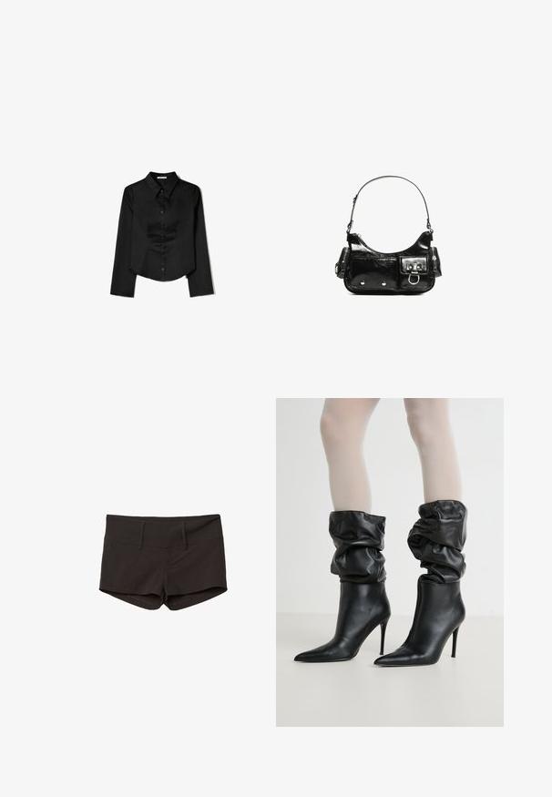 Sort langærmet skjorte lavet af glat stof, med en spidse krave, frontlukning med knapper og en cropped kant med sidelæg.; Sorte bomuldsbukser med en tætsiddende design, der har en glat overflade og to forlommer. Mellemhøj talje og ingen iøjnefaldende mønstre.; Sorte læderankelstøvler med et afslappet design, spidse tå og højt stilettohæl, med en blød, struktureret finish omkring kanten.; Sort patenteret læder håndtaske med en buet form, en skulderrem, frontlommer og hardware accenter i sølvfarve.