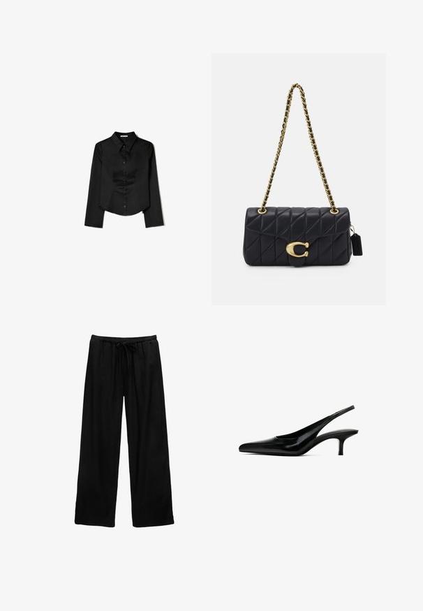 Chemise noire à manches longues en tissu lisse, avec un col pointu, une fermeture à boutons à l'avant et un ourlet court avec des fentes latérales.; Pantalons larges noirs en tissu léger avec une taille élastique et un cordon de serrage. Design simple, sans motifs ni accessoires.; Chaussure slingback à bout pointu noir avec une finition en cuir brillant et un petit talon fin. Présente une découpure sur le côté pour une meilleure respirabilité.; Sac à main matelassé noir avec une bandoulière en chaîne dorée, présentant un fermoir doré distinctif et une petite étiquette, mettant en valeur une surface en cuir texturé.